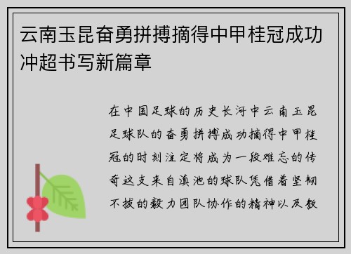 云南玉昆奋勇拼搏摘得中甲桂冠成功冲超书写新篇章